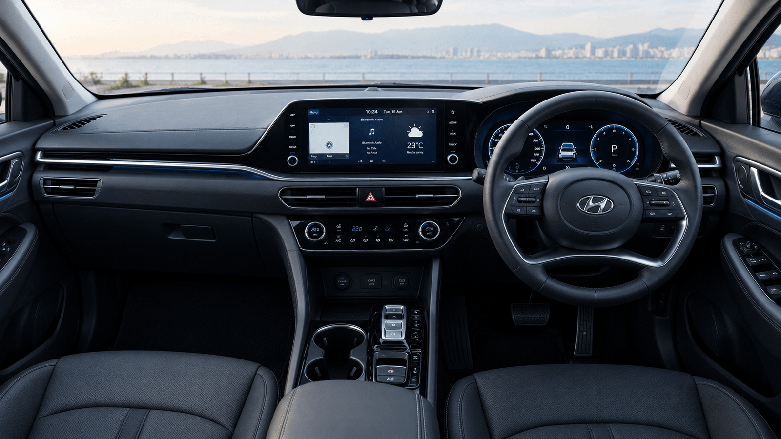 "Safety and Features" section ke upar. Alt text: Sonata price in Pakistan 2026 interior and dashboard